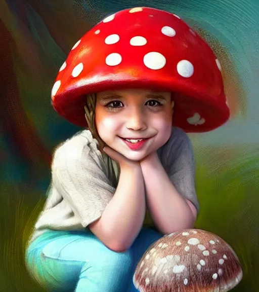 Image similar to a beautiful little girl wearing a mushroom hat sitting | | cute - fine - subtle smile, colorful hair, face, pretty face, fine details by stanley artgerm lau, wlop, rossdraws, james jean, andrei riabovitchev, marc simonetti, and sakimichan, trending on artstation