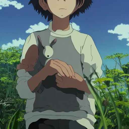 Prompt: friendly guy and small creature , with Fragile looking character portrait face made by Studio Ghibli highly detailed art, beautiful scene, sharp focus, smooth, 8k, anime art, wild, dark, fantasy, peaceful, sunshine, happy