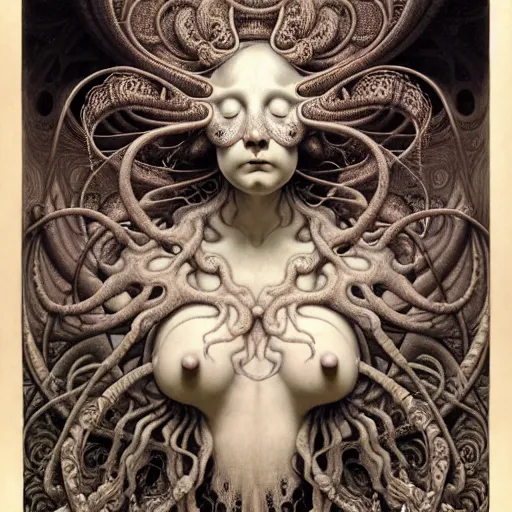 Image similar to detailed realistic beautiful porcelain calaveras goddess portrait by jean delville, gustave dore, iris van herpen and marco mazzoni, art forms of nature by ernst haeckel, art nouveau, symbolist, visionary, gothic, neo - gothic, pre - raphaelite, fractal lace, intricate alien botanical biodiversity, surreality, hyperdetailed ultrasharp octane render