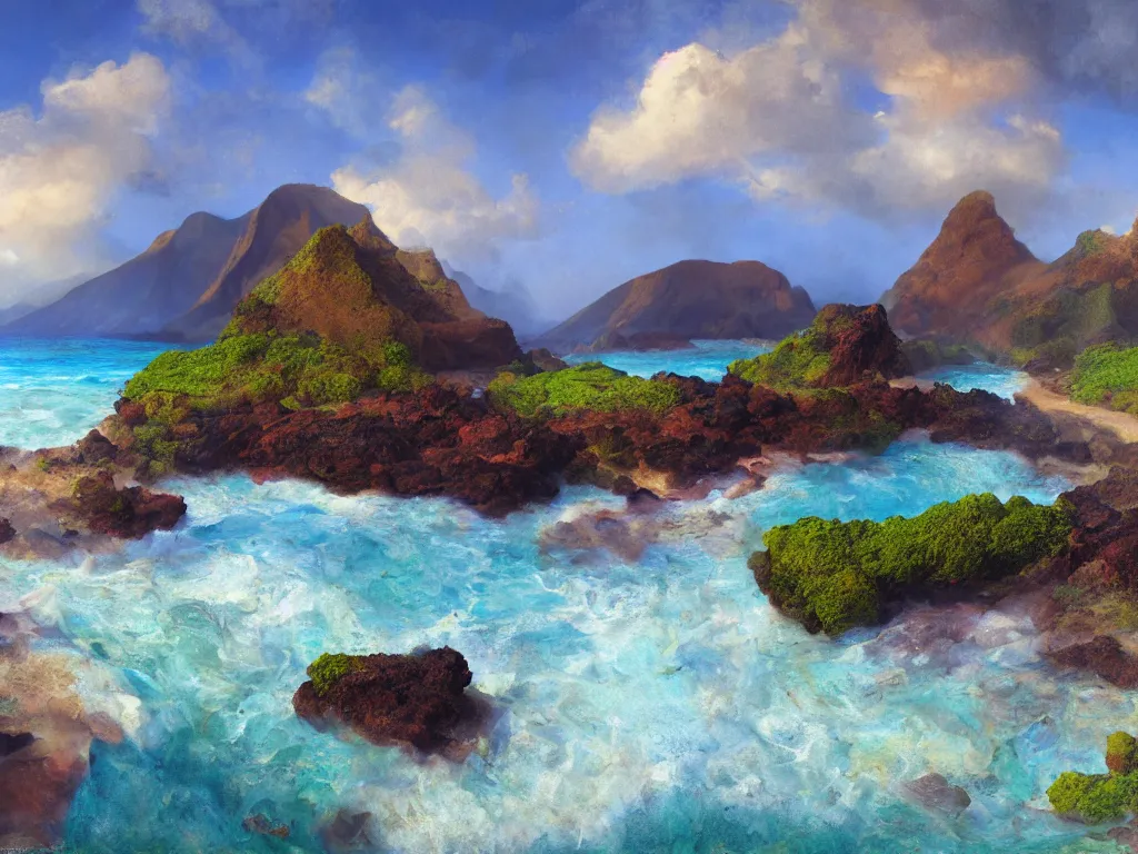 Prompt: 3d render, Sunlight Study, Kauai Lava Rock Beach Lagoons by Jan Davidsz de Heem and ((((Lisa Frank)))), Art Nouveau, 8k, extreme detail, sharp focus, octane render