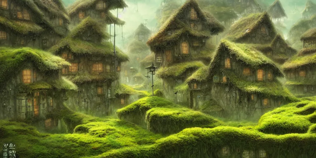 Image similar to a mossy village, dreamy, liminal space illustrated by miyazaki, hiroyuki kato, keisuke goto, highly detailed, concept art, illustration art