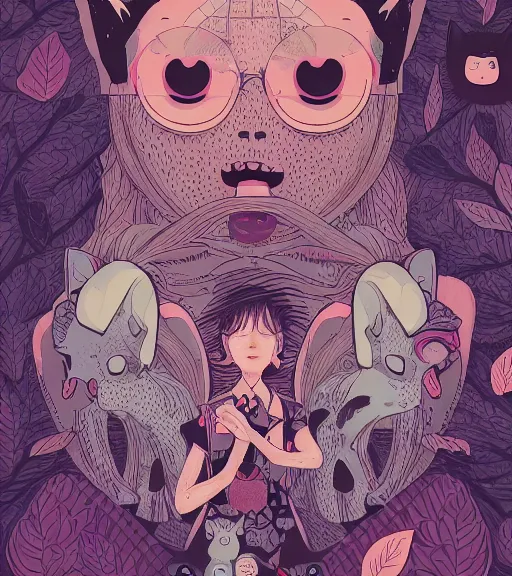 Image similar to portrait, nightmare anomalies, leaves with a cat by miyazaki, violet and pink and white palette, illustration, kenneth blom, mental alchemy, james jean, pablo amaringo, naudline pierre, contemporary art, hyper detailed