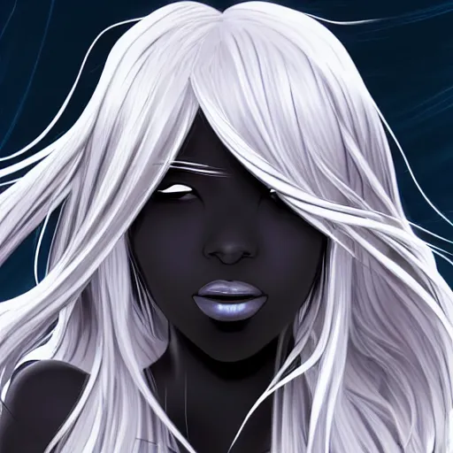 Image similar to young woman with long wavy ashen silver hair, with blackness instead of eyes, anime