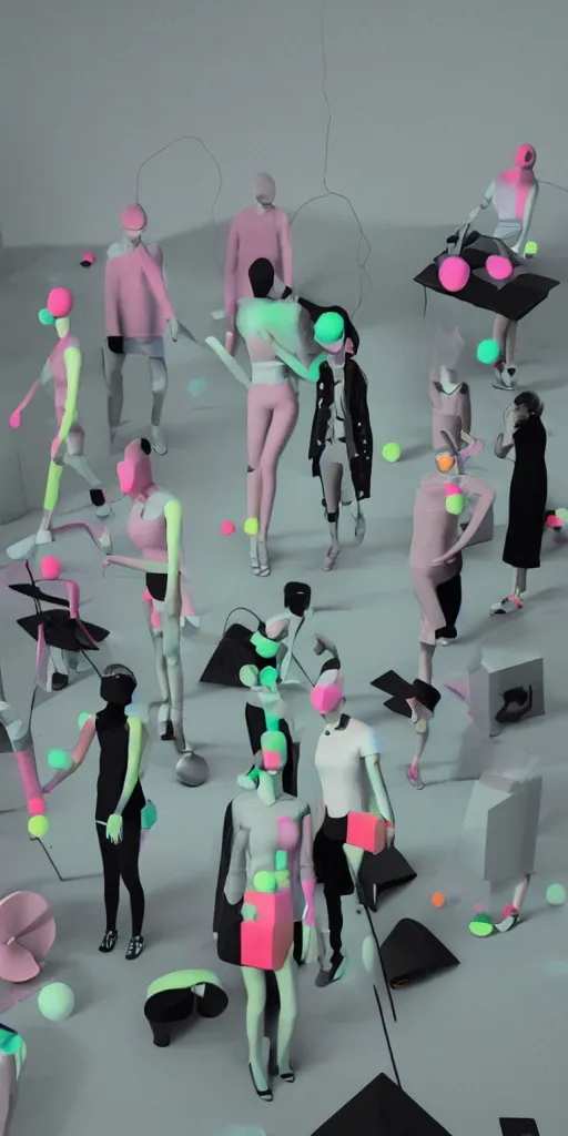 Image similar to 3d matte render, VR goggles, mannequins, dj rave party, Hsiao-Ron Cheng, pastel colors, hyper-realism, pastel, polkadots, minimal, simplistic, amazing composition, vaporwave, wow, Gertrude Abercrombie, Beeple, minimalistic graffiti masterpiece, minimalism, 3d abstract render overlayed, black background, psychedelic therapy, trending on ArtStation, ink splatters, pen lines, incredible detail, creative, positive energy, happy, unique, negative space, pure imagination painted by artgerm