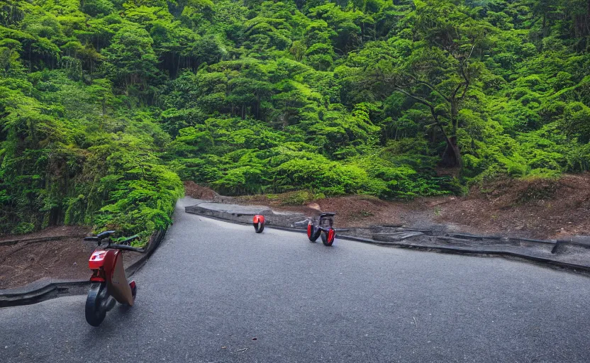 Image similar to Taiwan mountainous forests on the moon street photo, Khrushchyovkas, sunrise, flying scooters, long shadows, photorealistic, stunning, magnum photos 4k