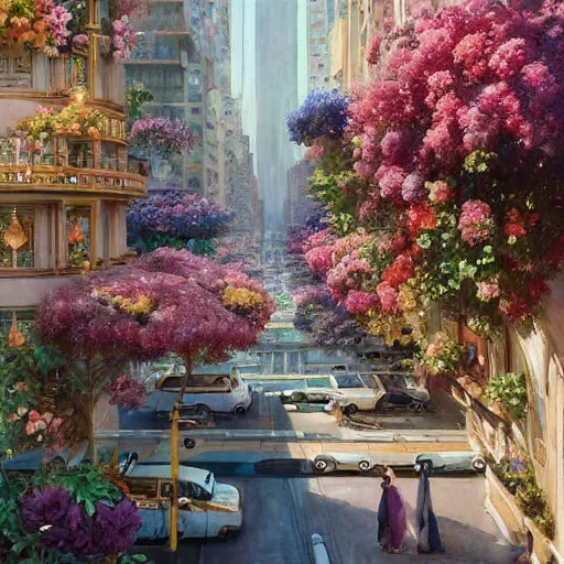 Image similar to a painting of an art - deco cityscape surrounded by flowers, a watercolor and matte painting by donato giancola and mandy jurgens and charlie bowater, cgsociety, artdeco, utopia art, sci - fi, artstation hq