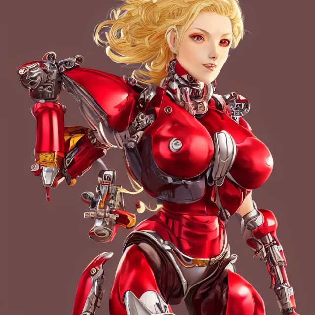 Prompt: studio portrait of lawful good red colorful female holy mecha paladin absurdly beautiful, elegant, mature blonde gravure idol, ultrafine hyperrealistic detailed face illustration by kim jung gi, highly detailed symmetrical faces, intricate linework, sharp focus, bright colors, matte, octopath traveler, unreal engine 5 highly rendered, global illumination, radiant light, intricate environment