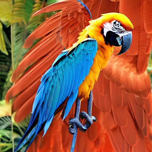 Prompt: golden red and blue macaw flying, amazon in the background, sentient bird, dawn