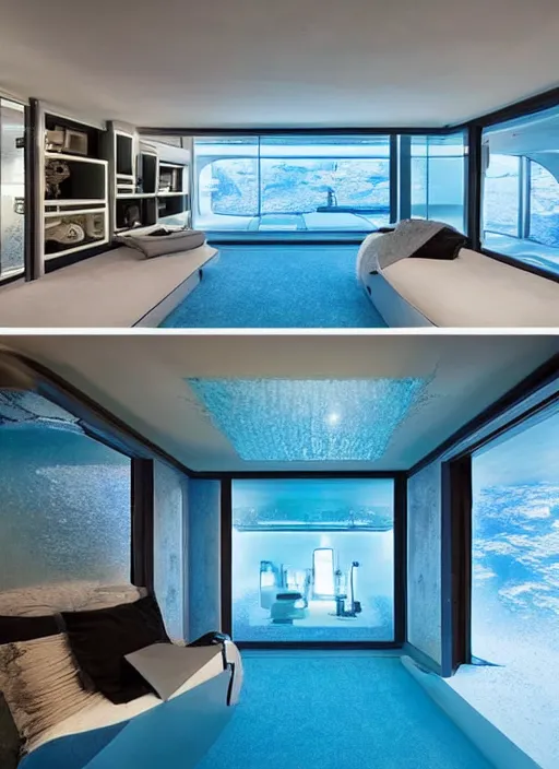 Image similar to a futuristic sci - fi underwater home with mirrored walls, dreamatic lighting