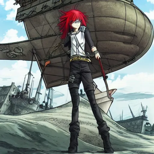 Prompt: sky-pirate with long red hair in front of a steampunk airship, vinland saga, anime style