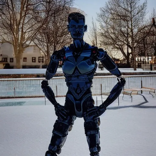 Image similar to made of ice, a realistic detailed photo of a guy who is an attractive humanoid who is half robot and half humanoid, who is a male android, on display, blank stare, showing off his muscles, shiny skin, posing like a statue, by the pool, frozen ice statue, f 1 driver max verstappen, humanoid robot