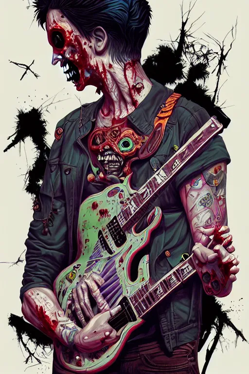 Image similar to zombie punk guitarist, tristan eaton, victo ngai, artgerm, rhads, ross draws, intricated details, 3 / 4 view, full body portrait