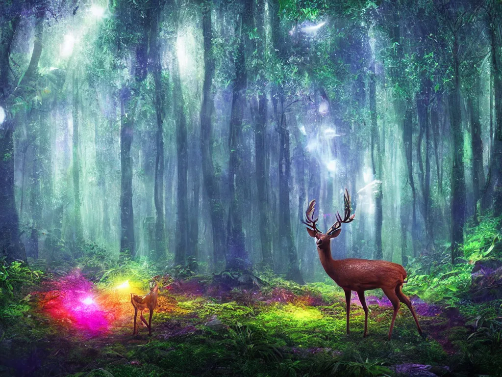 Prompt: a fantasy beautiful dense biorelevant rainforest setting, ultrawide angle, a deer made of bright neon ether light sparkle, cinematic lighting, extremely emotional, extremely dramatic, surround it with pixie dust ether floating in the air, hdr, epic scale, cmyk, deep spectrum color