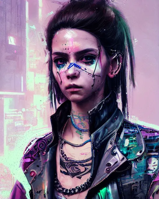 Image similar to detailed portrait Young Rebel Girl cyberpunk futuristic ((neon)) tattoes, yakuza, styled hair Reflective puffy sheen film jacket, decorated traditional ornaments by ismail inceoglu dragan bibin hans thoma greg rutkowski Alexandros Pyromallis Nekro James Jean illustrated Perfect face, fine details, realistic shaded, fine-face, pretty face