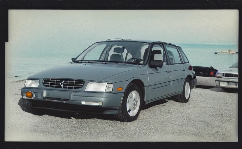 Prompt: vintage polaroid photograph of a 1995 volvo car parked in the parking lot of a beach