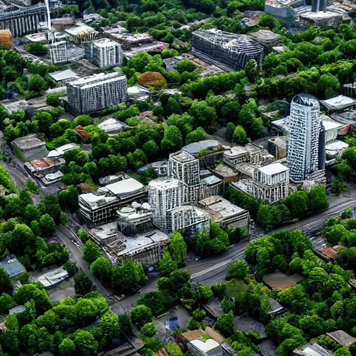 Image similar to nature reclaiming Seattle, lots of trees, dilapidated buildings, afternoon, ultra detailed, cinematic, no blur, 4k