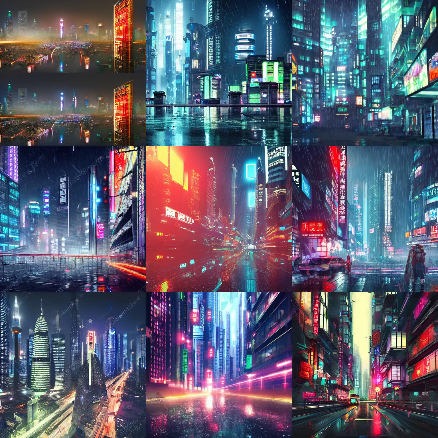 Prompt: cyberpunk city in Shanghai, rain, night, photorealistic