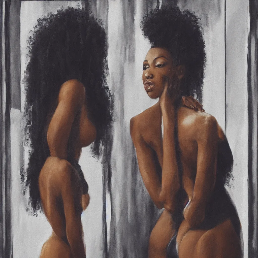 Image similar to realistic beautiful black female standing next to a window, canvas