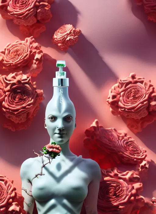 Image similar to biomechanical corals, daisies, roses in sea foam water, well contoured smooth fair walls with marble statue, carrying a bottle of perfume, up close shot, sharp focus, global illumination, radiant light, alexandre ferra white mecha, irakli nadar, octane highly render, 4 k, ultra hd,