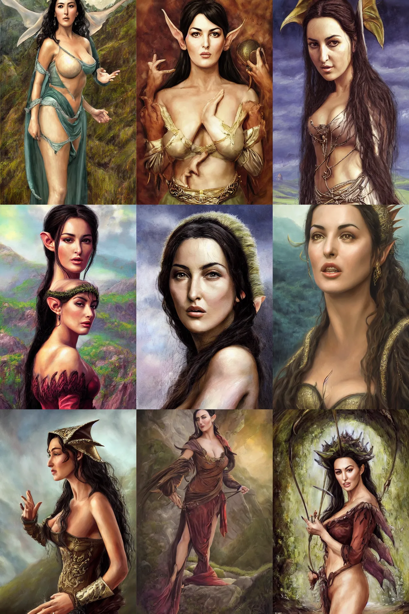 Image similar to a full body high detail fantasy portrait oil painting illustration of young monica bellucci as a beautiful sophisticated singing bard elf by justin sweet with face and body clearly visible, in a scenic background, pupils visible, realistic proportions, d & d, rpg, forgotten realms, artstation trending, high quality, sombre mood, artstation trending, muted colours, entire person visible!