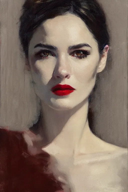 Image similar to Richard Schmid and Jeremy Lipking full length portrait painting of film noir femme fatale