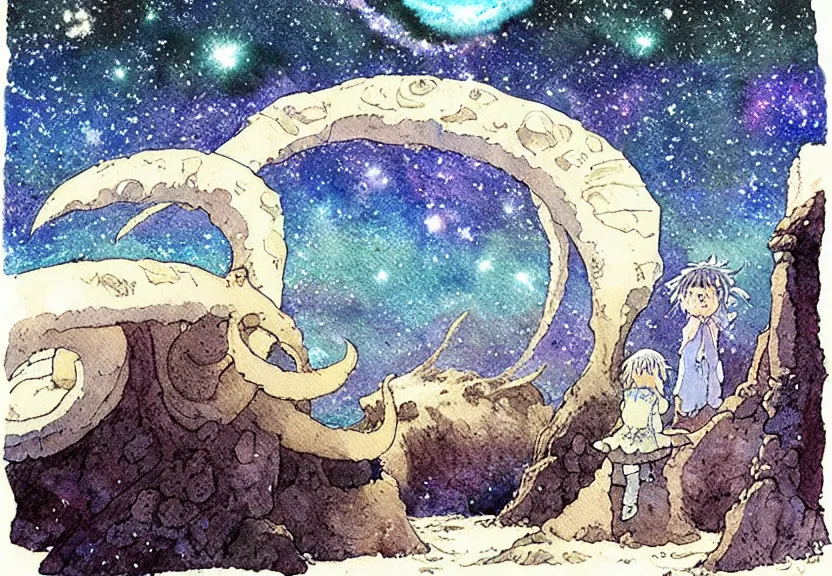 Image similar to a simple watercolor studio ghibli movie still fantasy concept art of stonehenge at the bottom of the ocean. a giant squid from princess mononoke ( 1 9 9 7 ) is holding large stones. it is a misty starry night. by rebecca guay, michael kaluta, charles vess