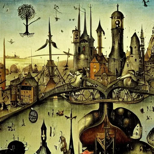 Prompt: riverside steampunk city, painting by hieronymus bosch