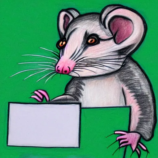 Prompt: an opossum holds up some crayon drawing. hd digital photography of an opossum