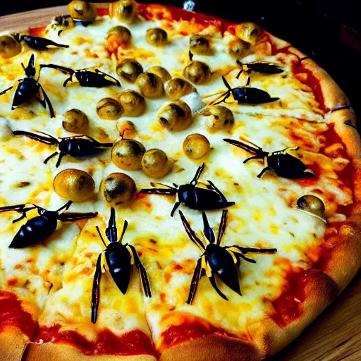 Image similar to a close up shot of a new york style pizza with a nest of yellow and black wasps on top, extremely realistic, very crisp details, photo realistic, trending on instagram, soft colors