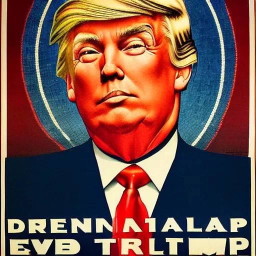 Image similar to a colorful 1920s propaganda poster of Donald trumps face looking at the camera, only his face, mosaic, high contrast, norman Rockwell,