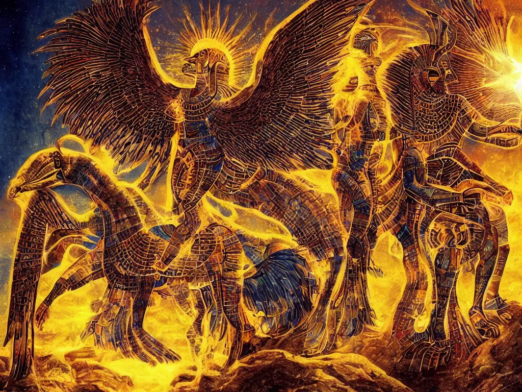 Image similar to creatures born of the sun made of the sun with Egyptian gods