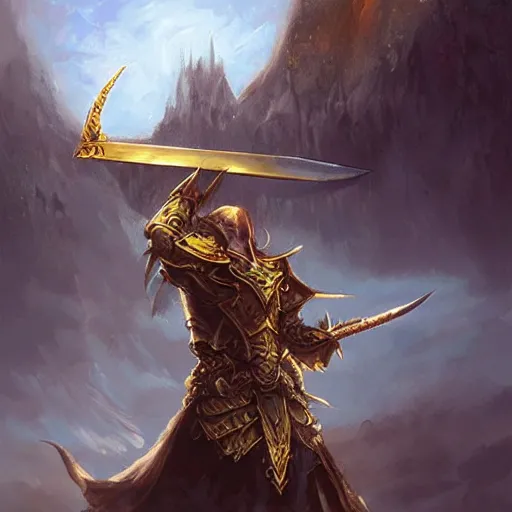 Image similar to a giant golden sword, a broad blade sword weapon, epic fantasy style art, fantasy epic digital art, epic fantasy card game art