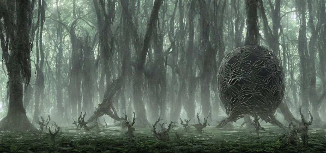 Image similar to a complex organic fractal 3 d metallic symbiotic ceramic humanoid megastructure creature in a swampy lush forest, surrounded by soldiers, foggy, sun rays, cinematic shot, photo still from movie by denis villeneuve, wayne barlowe