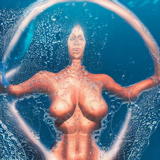 Image similar to water art in the shape of a womens body, on the ocean water, water art, futuristic, glowing, hyper realistic, ray tracing, realistic water splashes, sharp focus, long shot, 8 k resolution, cinematic