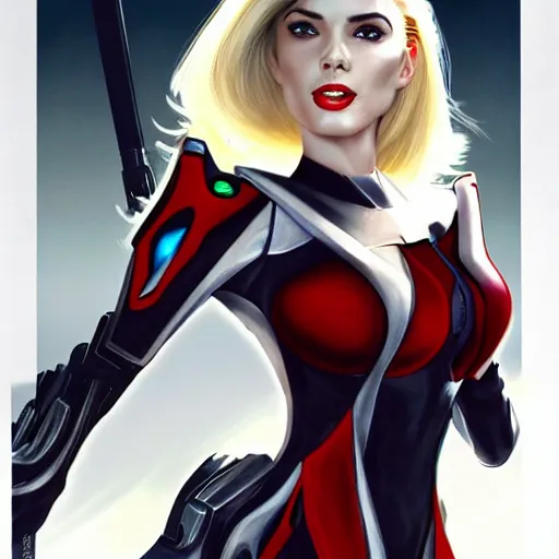 Image similar to A combination of Ada Wong's and Grace Kelly's and Ashley Greene's appearances with blonde hair wearing Interceptor's armor from Anthem, high tech, action shot, angular, full body portrait, futuristic, dramatic, fantasy, intricate, elegant, highly detailed, artstation, matte, sharp focus, 8K, art by Donato Giancola and James Gurney