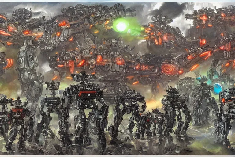 Prompt: inorganic battle robot army, art by frank hampson and shawn mcmanus, trending on artstation, photorealistic, watercolor painting, manga