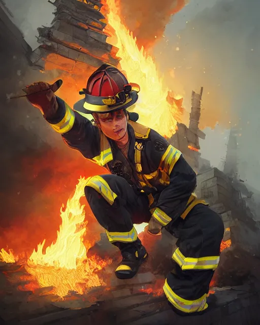 Image similar to heroic firefighter in action in black and yellow uniform, fire flames, sharp details, sharp focus, elegant, highly detailed, illustration, by jordan grimmer and greg rutkowski and pine ( ハイネ ) and 薯 子 imoko and 香 川 悠 作 and wlop and maya takamura, intricate