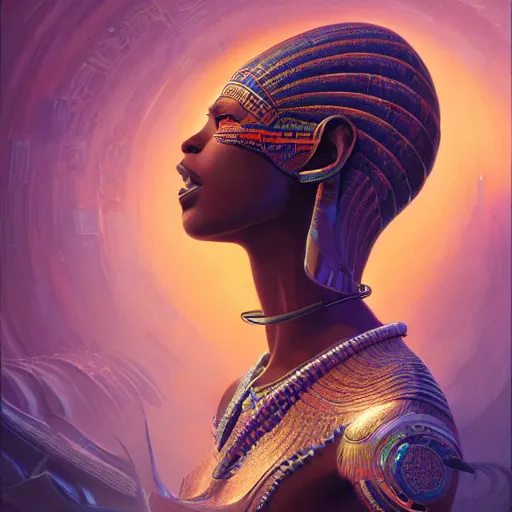 Image similar to highly detailed portrait of an african egyptian goddess, intricate alien technology, stephen bliss, unreal engine, fantasy art by greg rutkowski, loish, rhads, ferdinand knab, makoto shinkai and lois van baarle, ilya kuvshinov, rossdraws, tom bagshaw, global illumination, radiant light, detailed and intricate environment