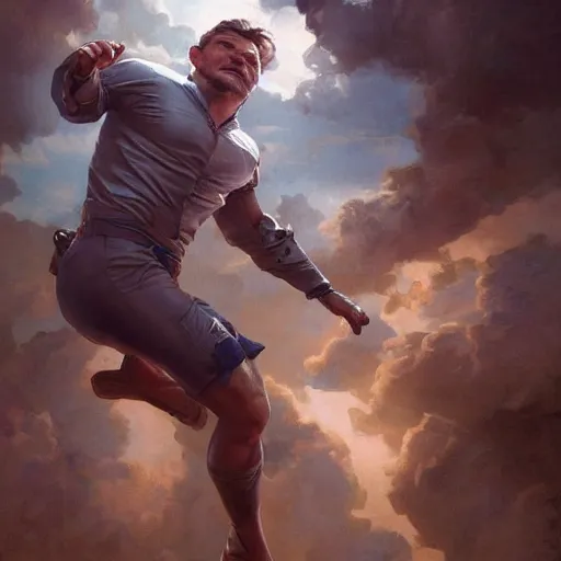 Image similar to a man flying through the sky. photorealistic. realism. 4 k wideshot. cinematic. unreal engine. masterpiece. rule of thirds. beautiful. artgerm. marc simonetti. jc leyendecker