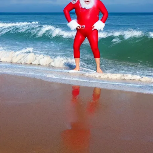 Prompt: surfer santa in a mankini at the beach