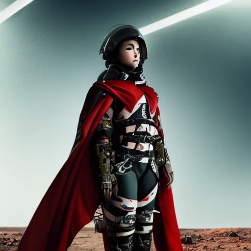 Image similar to a young female soldier wearing bloodstained glossy sleek white dinged scuffed armor and a long torn red cape, heroic posture, determined expression, elegant, no helmet, on the surface of mars, dramatic lighting, cinematic, sci-fi, hyperrealistic, detailed