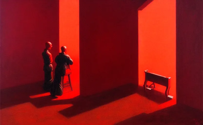 Prompt: only with red, death of communism, in the style of beksinski, parts by edward hopper, parts by rodcenko, parts by yue minjun, intricate and epic composition, red by caravaggio, insanely quality, highly detailed, masterpiece, red light, artstation