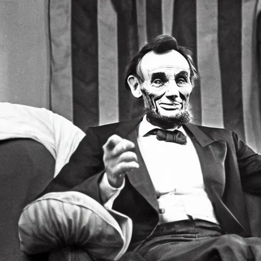 Prompt: high resolution photograph of a smiling Abraham Lincoln sitting on a couch taking questions from Richard Cavett during a 1968 talk show