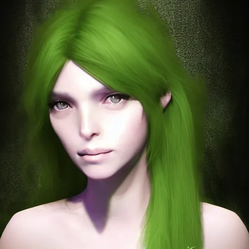 Image similar to portait elissar zakaria khoury lebanese artist, centred, sadness look, long purple hair, hd, unreal engine, final fantasy style amazing green background theme