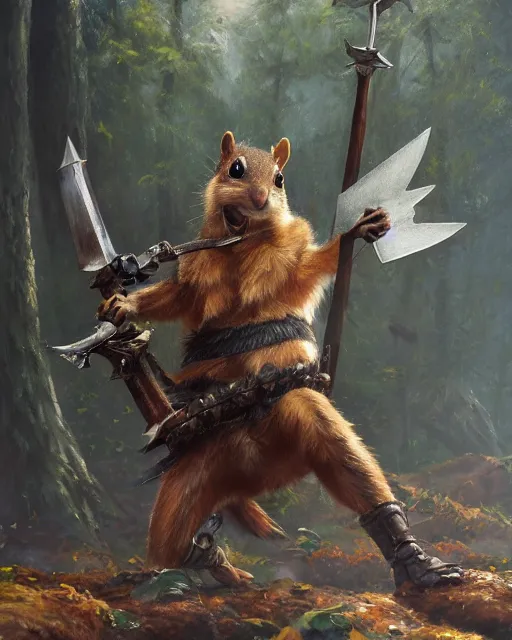 Image similar to oil painting of Anthropomorphized Squirrel attacking, wearing armor, war paint, holding sword, sharp focus, fantasy style, octane render, volumetric lighting, 8k high definition, by greg rutkowski, highly detailed, trending on art Station, magic the gathering artwork, magical forest backround, centered