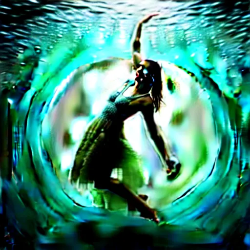 Image similar to woman dancing underwater wearing a dress made of seaweed that is flowing in the current, lighting with caustics from sunlight, cinematic, photorealistic