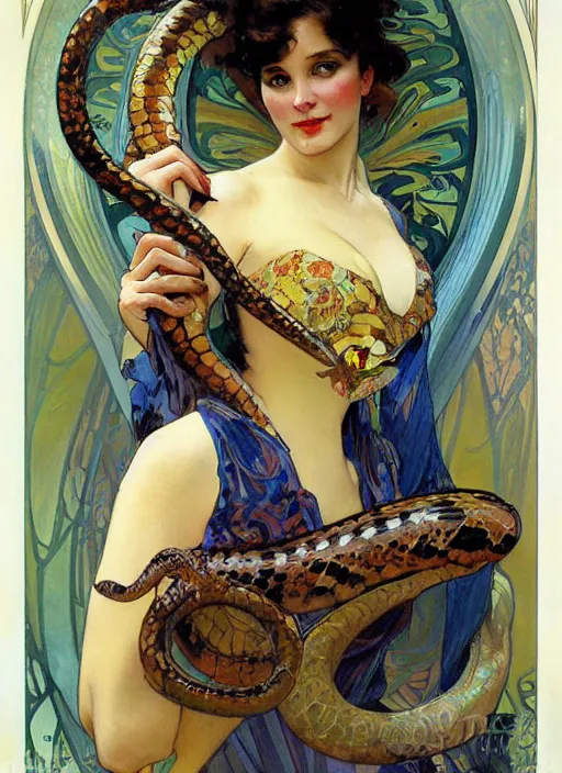 Image similar to an art nouveau copic maker impresionist painting of a woman holding a snake by john berkey by stanley artgerm lau, alphonse mucha, loish, norman rockwell