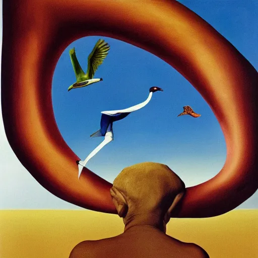 Prompt: a picture of a man as a bird in flight, a surrealist painting by storm thorgerson, massurrealism, surrealist, whimsical