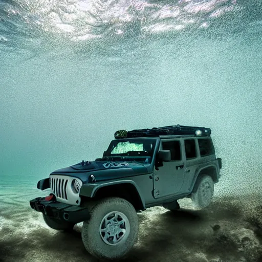 Image similar to eerie murky underwater photo of an upside - down jeep sinking down. bubbles. 4 k.