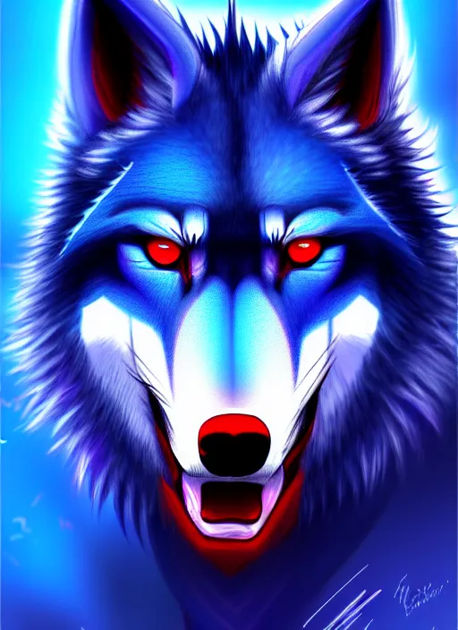 Prompt: blue wolf, red eyes highly detailed, deep focus, digital painting, smooth, sharp focus, anime art style, trending on artstation, 4 k